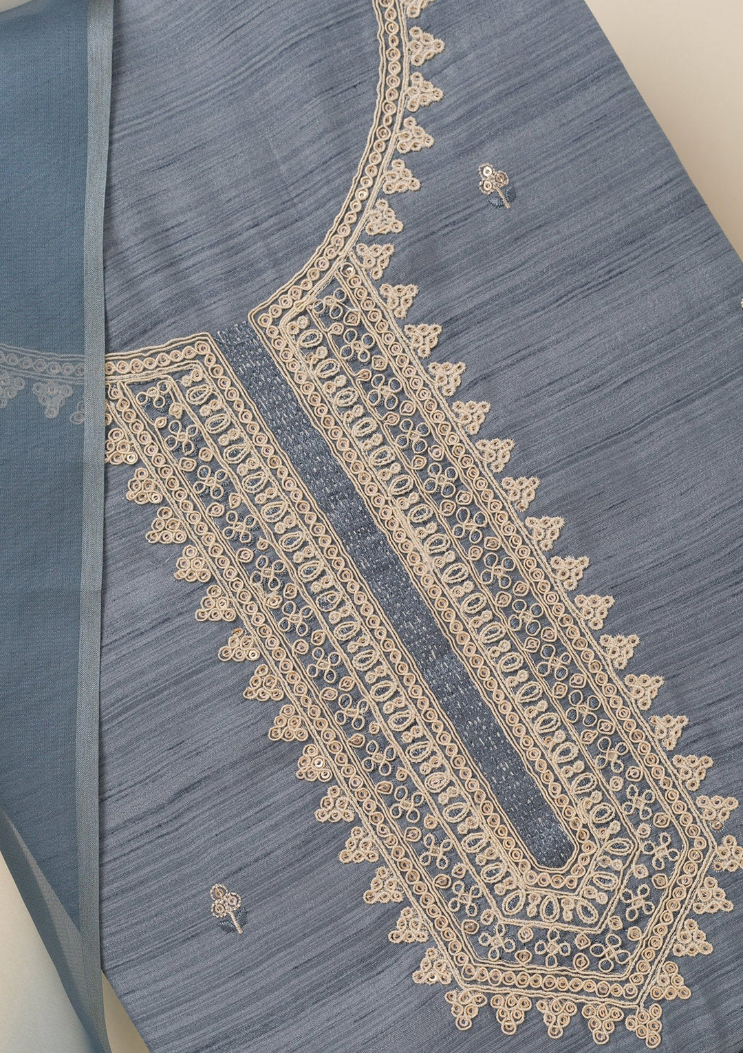 Light Grey Zariwork Soft Silk Unstitched Salwar Suit-Koskii