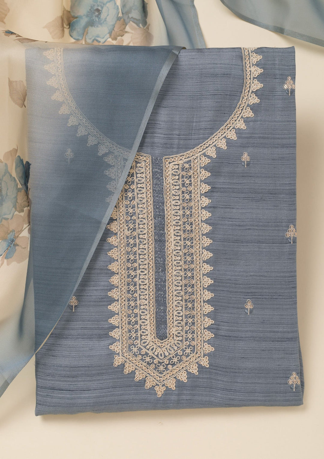 Light Grey Zariwork Soft Silk Unstitched Salwar Suit-Koskii
