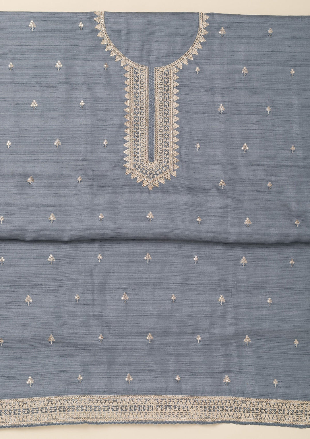 Light Grey Zariwork Soft Silk Unstitched Salwar Suit-Koskii