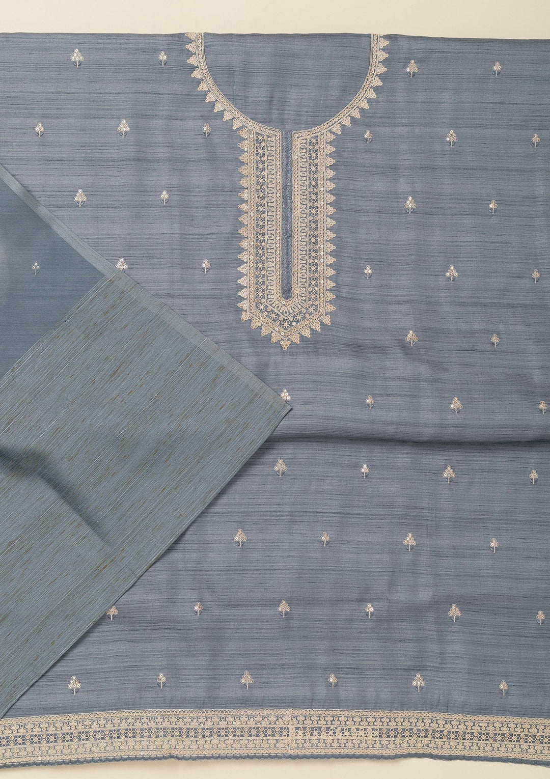 Light Grey Zariwork Soft Silk Unstitched Salwar Suit-Koskii