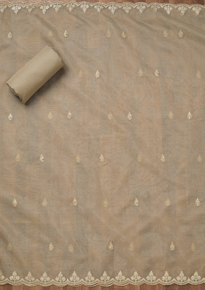 Light Grey Zariwork Tissue Unstitched Salwar Suit-Koskii