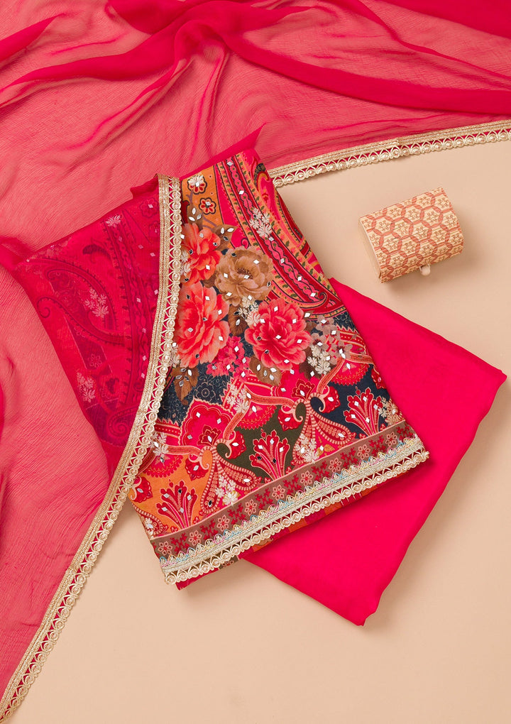 Maroon Printed Georgette Unstitched Salwar Suit-Koskii