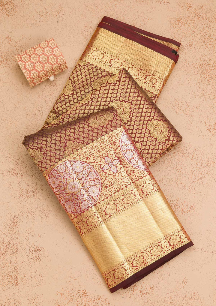 Maroon Zariwork Pure Silk Saree-Koskii