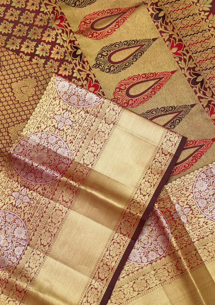 Maroon Zariwork Pure Silk Saree-Koskii