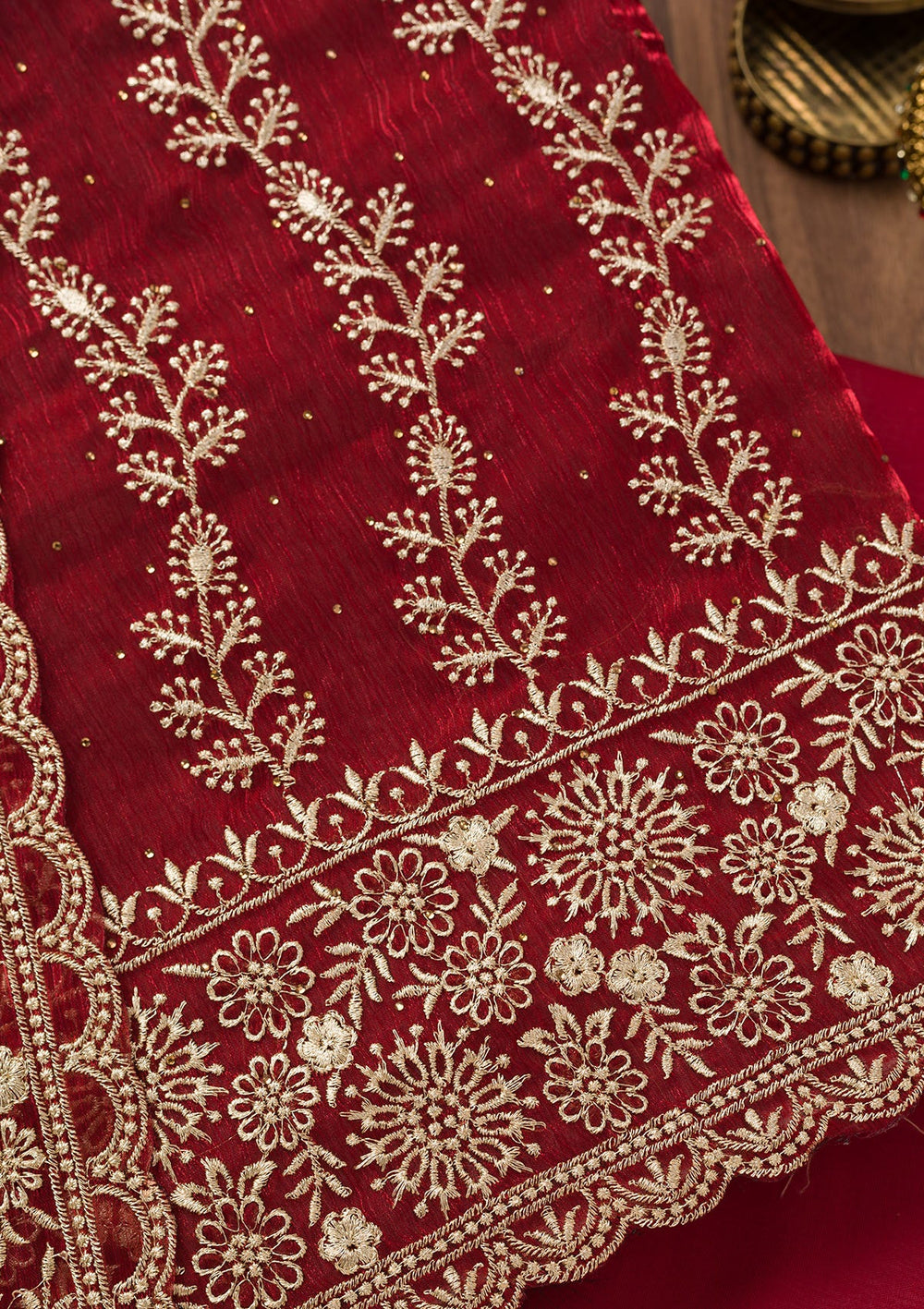 Maroon Zariwork Semi Crepe Unstitched Salwar Suit-Koskii