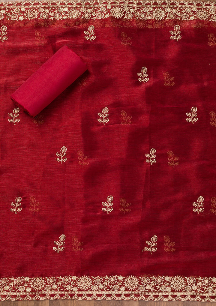 Maroon Zariwork Semi Crepe Unstitched Salwar Suit-Koskii