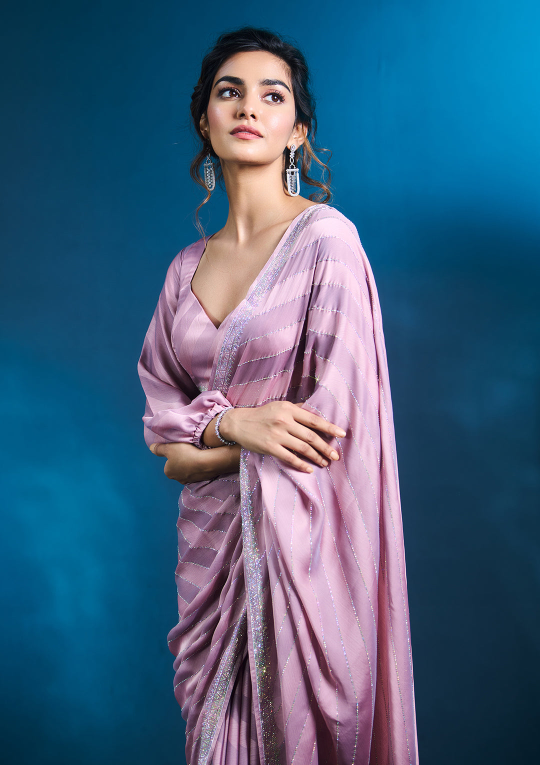 Mauve Swarovski Satin Designer Saree