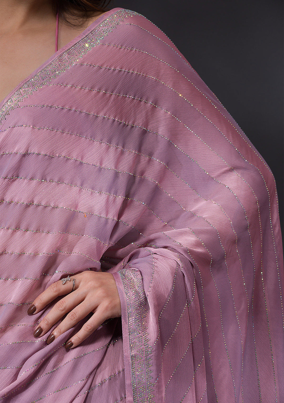Mauve Swarovski Semi Crepe Saree-Koskii