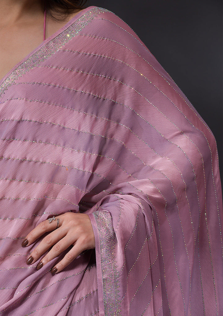 Mauve Swarovski Semi Crepe Saree-Koskii