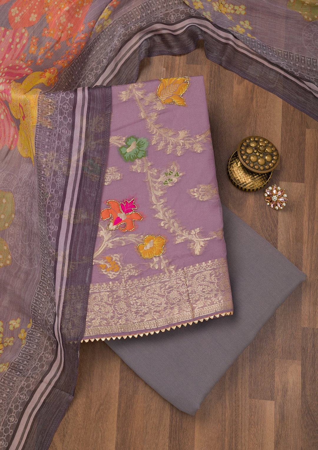 Mauve Zariwork Banarasi Unstitched Salwar Suit-Koskii