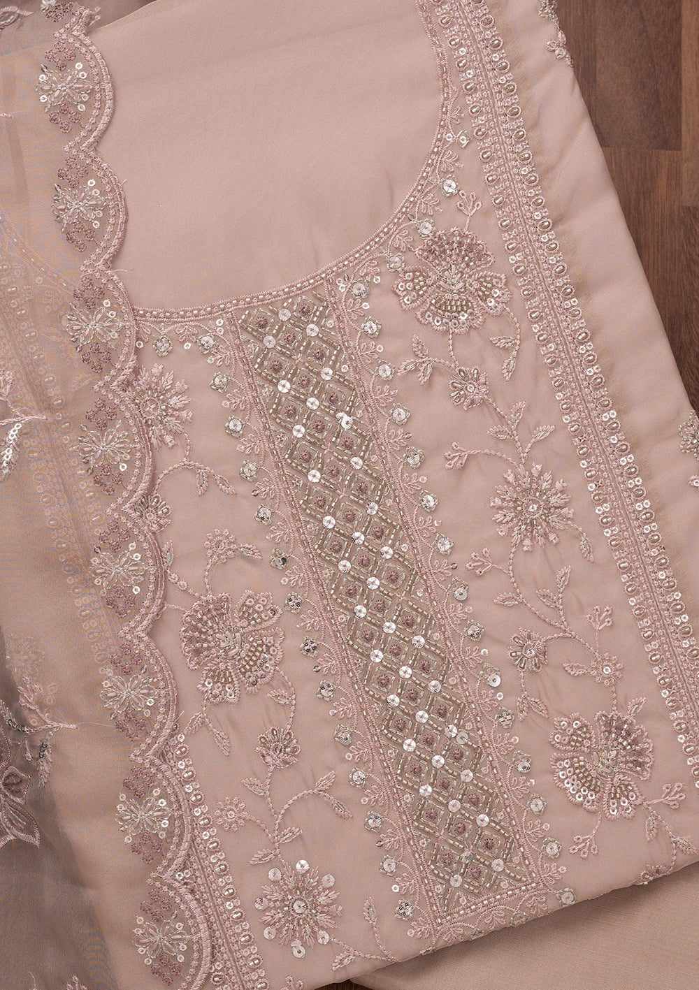 Mauve Zariwork Semi Crepe Unstitched Salwar Suit-Koskii