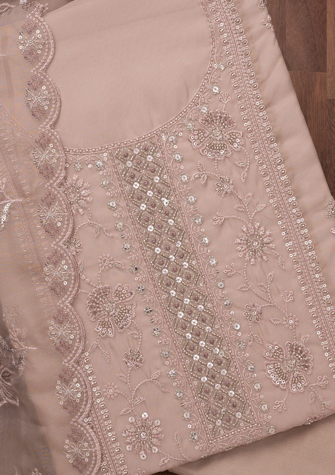 Mauve Zariwork Semi Crepe Unstitched Salwar Suit-Koskii