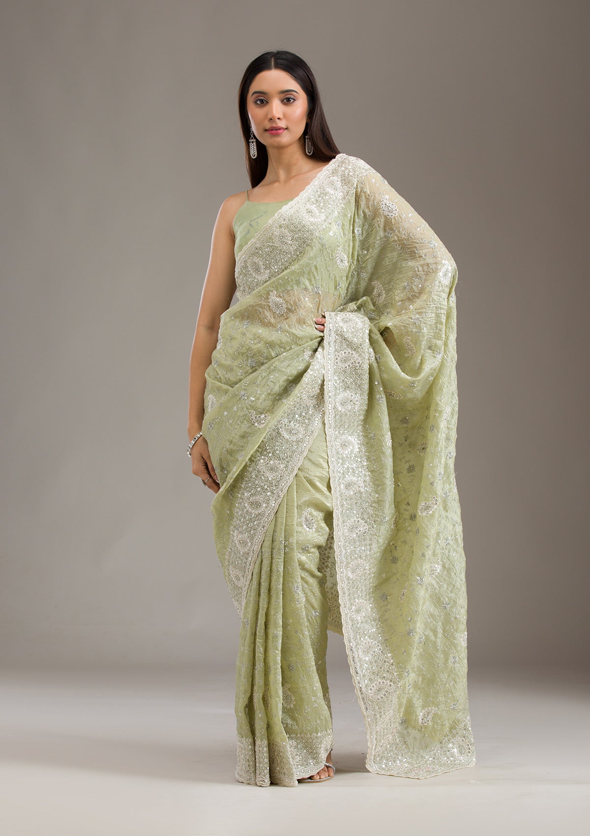 Traditional Mehendi Green Organza Tissue Saree with Sequin Border and Thread Work