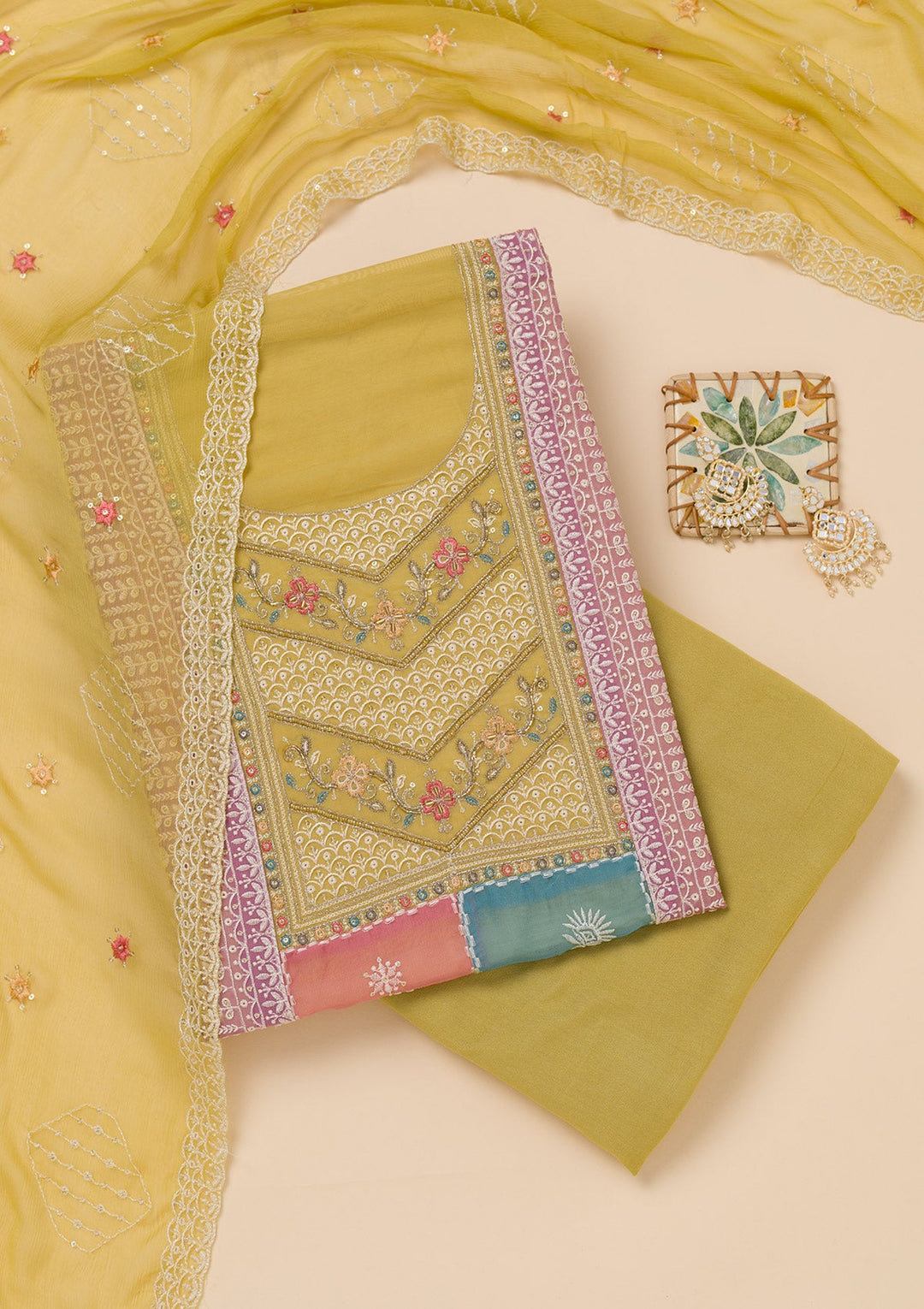 Mehendi Threadwork Organza Unstitched Salwar Suit-Koskii