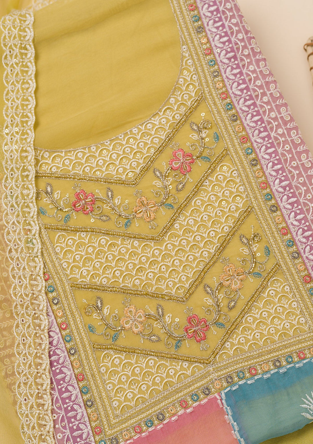 Mehendi Threadwork Organza Unstitched Salwar Suit-Koskii