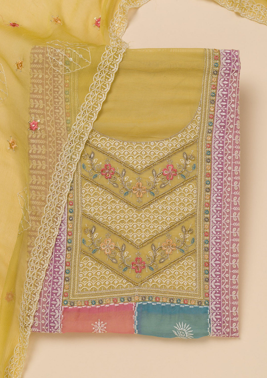 Mehendi Threadwork Organza Unstitched Salwar Suit-Koskii