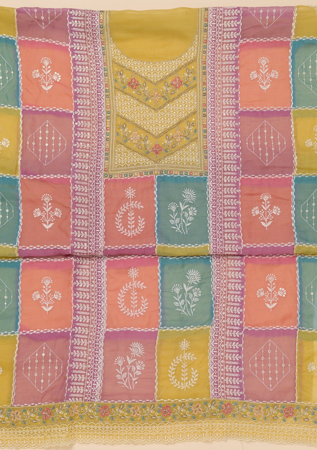 Mehendi Threadwork Organza Unstitched Salwar Suit-Koskii