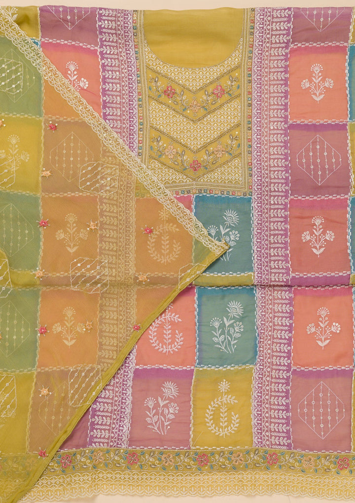 Mehendi Threadwork Organza Unstitched Salwar Suit-Koskii