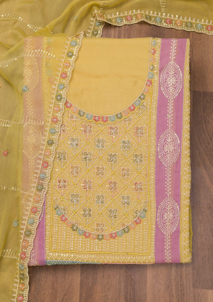 Mehendi Threadwork Semi Crepe Unstitched Salwar Suit-Koskii