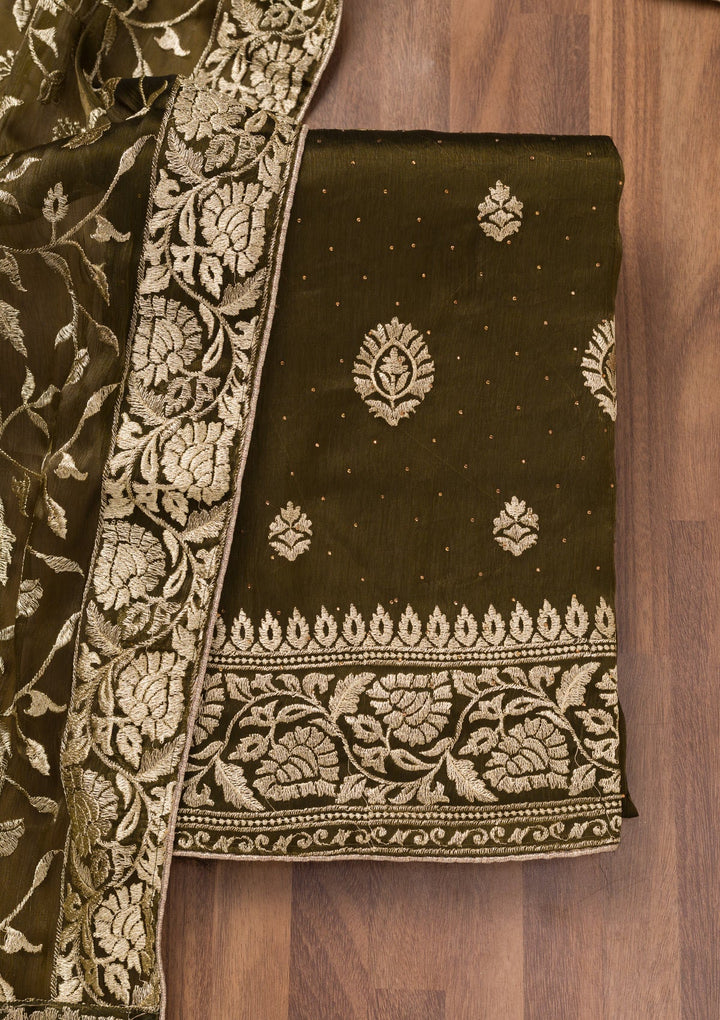 Mehendi Zariwork Semi Crepe Unstitched Salwar Suit-Koskii