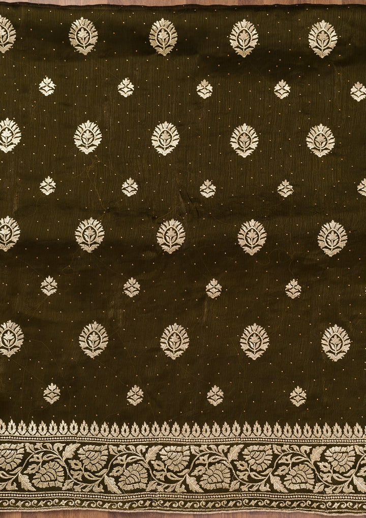 Mehendi Zariwork Semi Crepe Unstitched Salwar Suit-Koskii