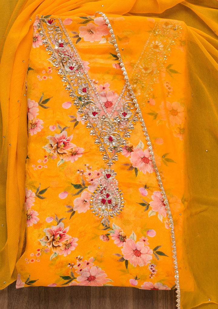 Mustard Cutdana Semi Crepe Unstitched Salwar Suit-Koskii