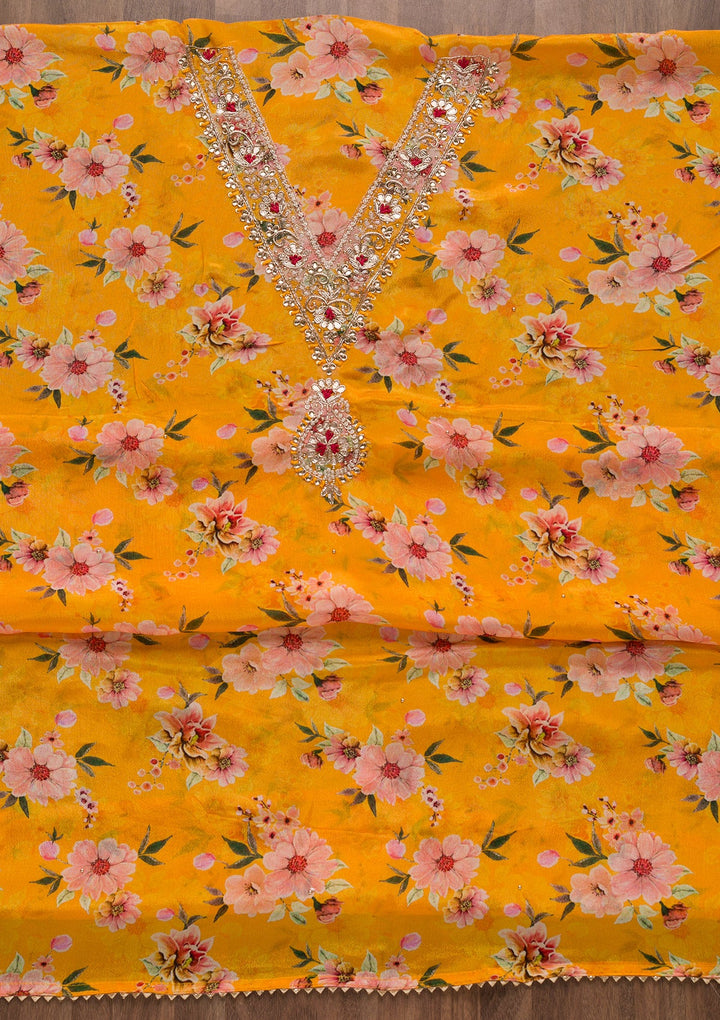 Mustard Cutdana Semi Crepe Unstitched Salwar Suit-Koskii