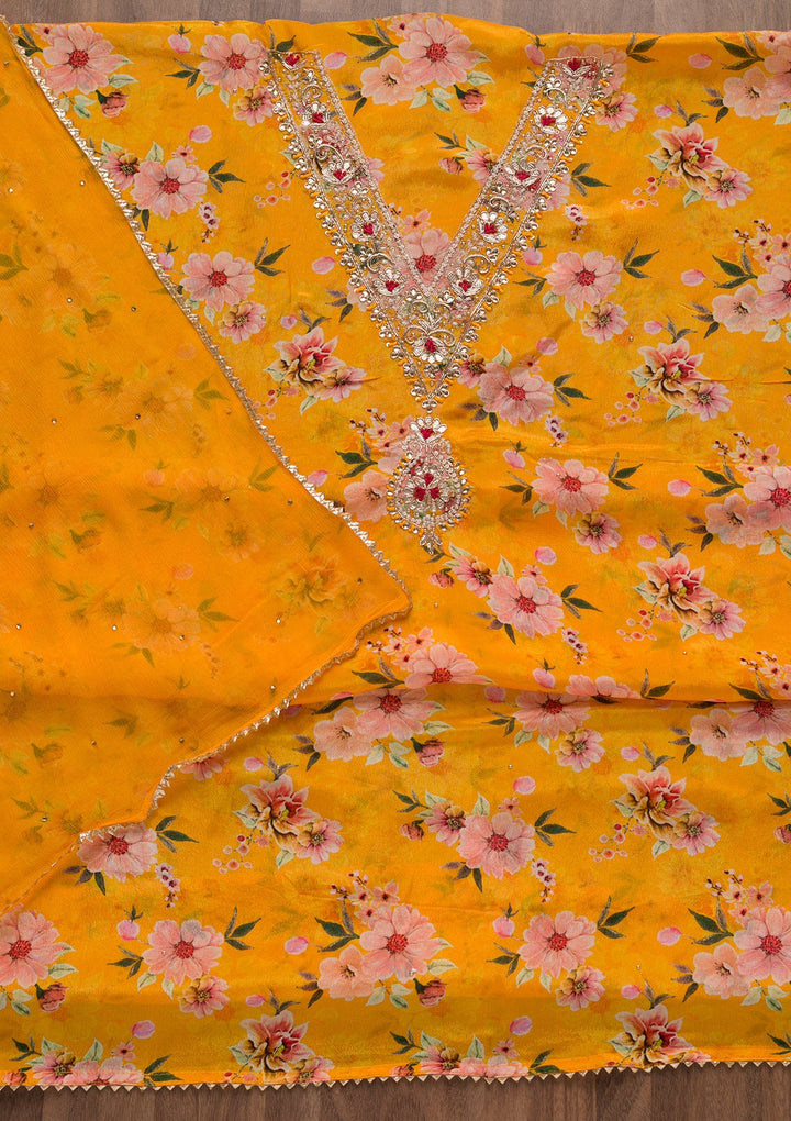 Mustard Cutdana Semi Crepe Unstitched Salwar Suit-Koskii