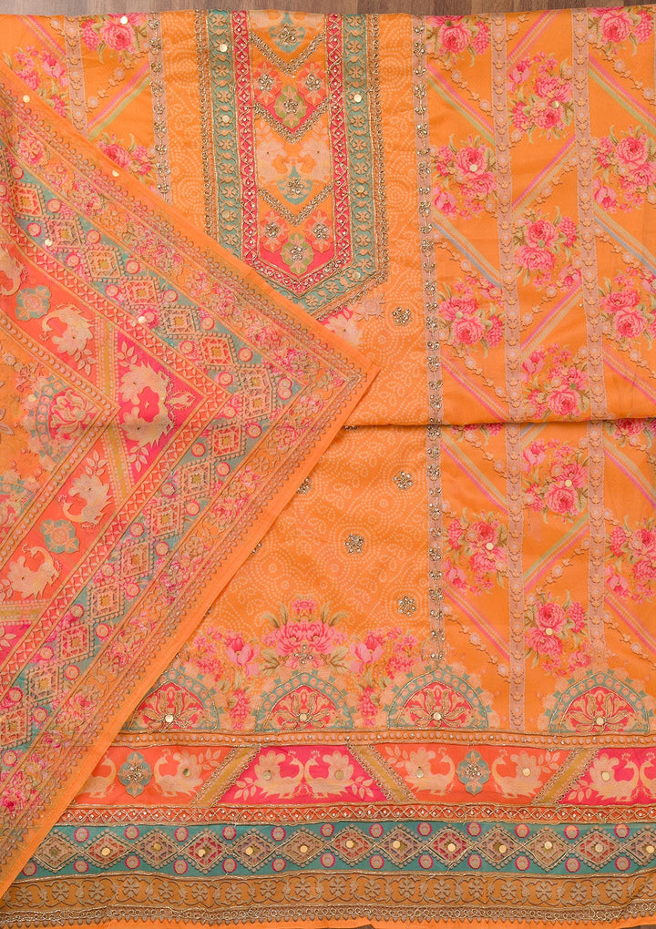 Mustard Printed Chanderi Unstitched Salwar Suit-Koskii