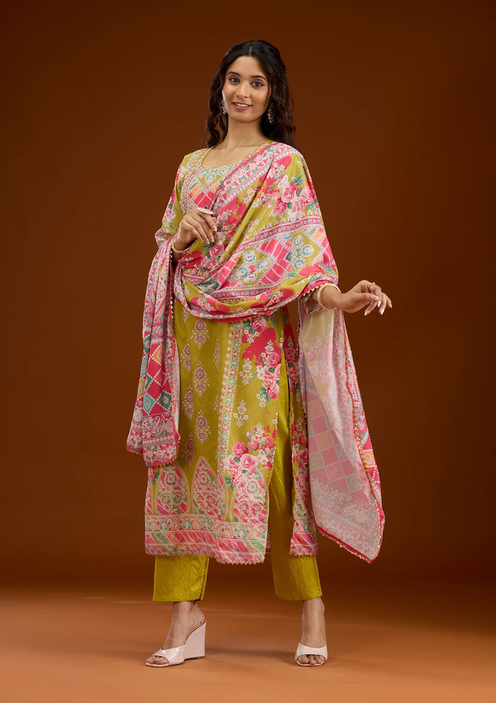 Mustard Stonework Semi Crepe Readymade Salwar Suit-Koskii