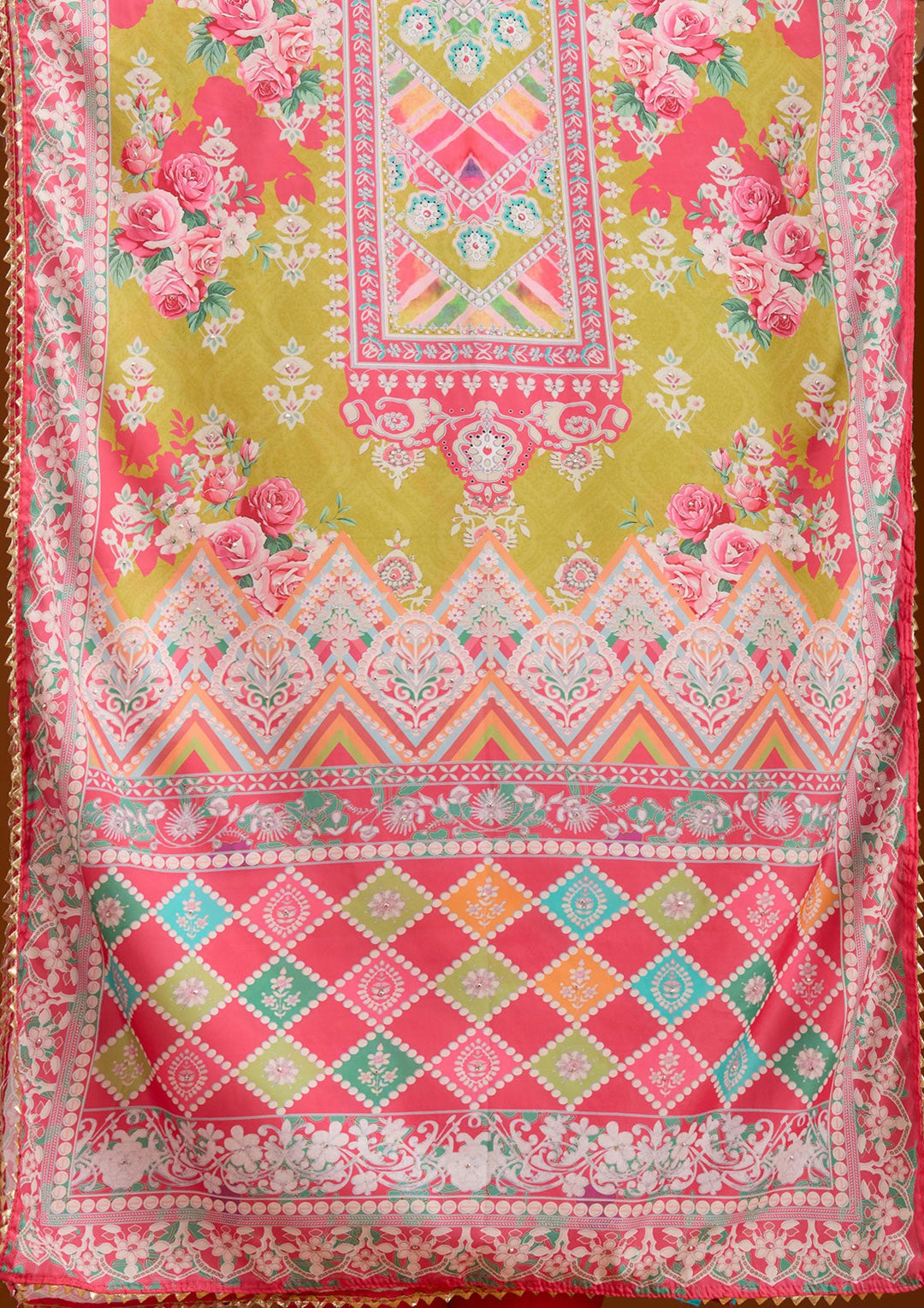 Mustard Stonework Semi Crepe Readymade Salwar Suit-Koskii