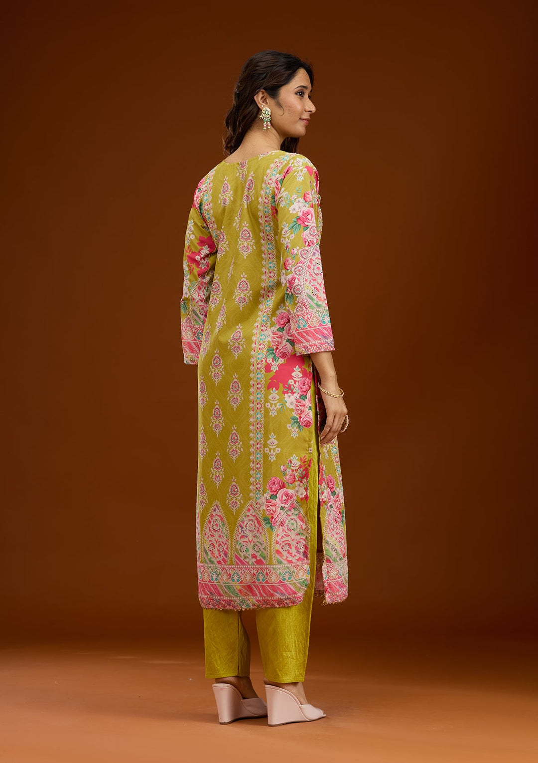 Mustard Stonework Semi Crepe Readymade Salwar Suit-Koskii
