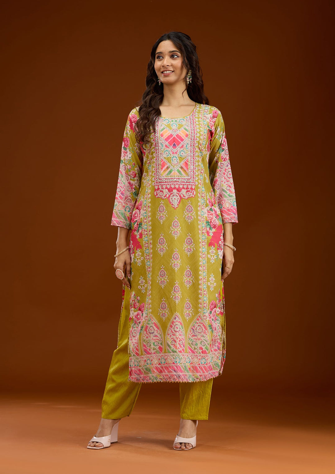 Mustard Stonework Semi Crepe Readymade Salwar Suit-Koskii