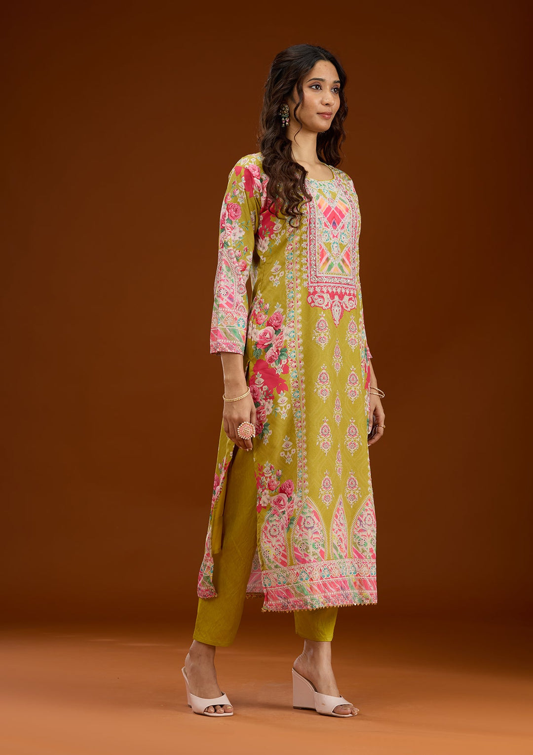 Mustard Stonework Semi Crepe Readymade Salwar Suit-Koskii