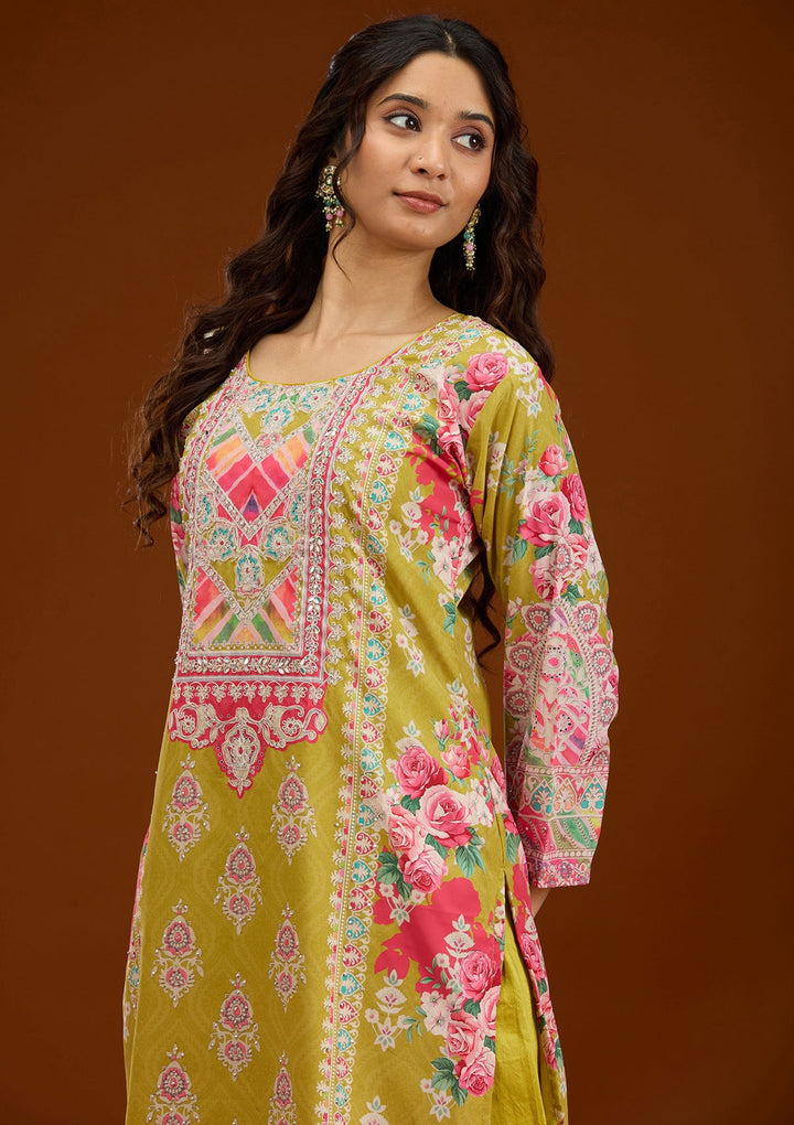 Mustard Stonework Semi Crepe Readymade Salwar Suit-Koskii