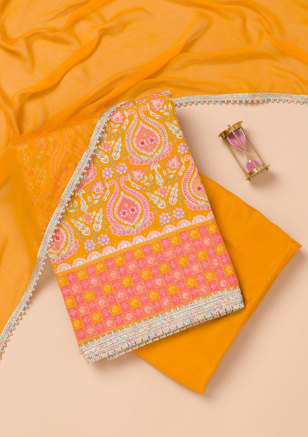 Mustard Threadwork Georgette Unstitched Salwar Suit-Koskii