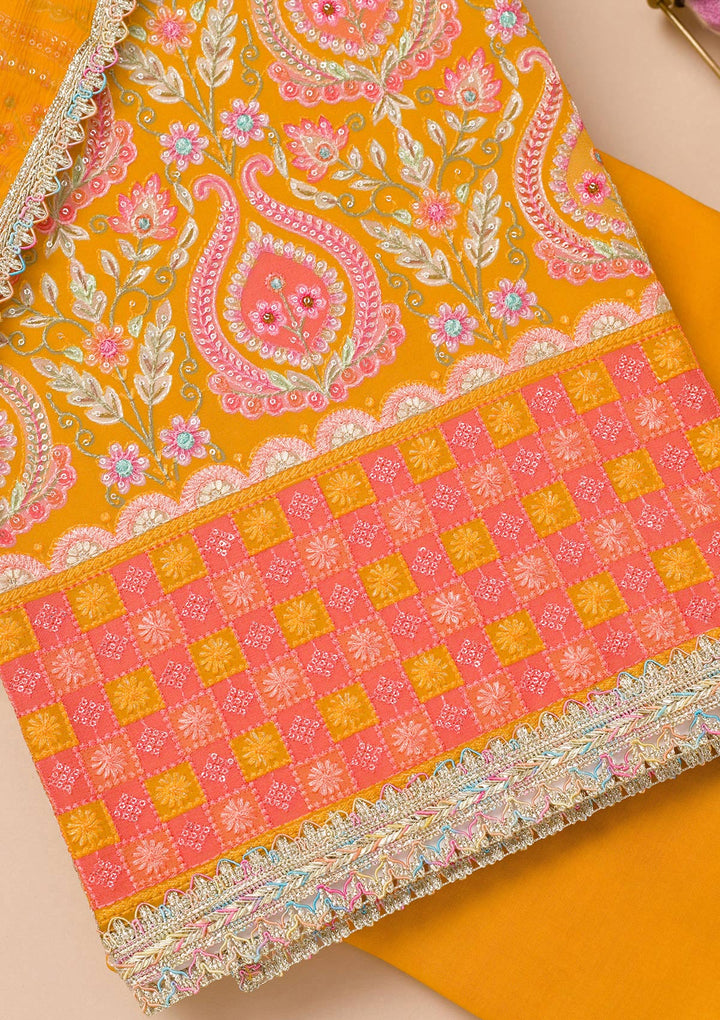 Mustard Threadwork Georgette Unstitched Salwar Suit-Koskii