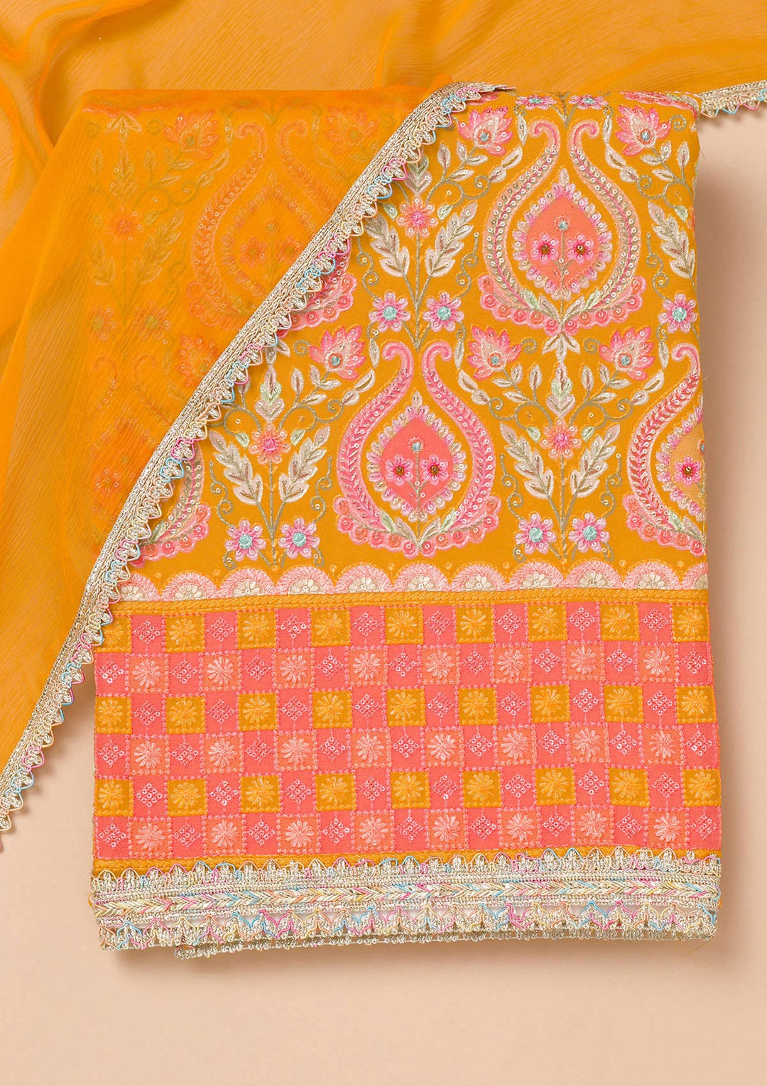 Mustard Threadwork Georgette Unstitched Salwar Suit-Koskii