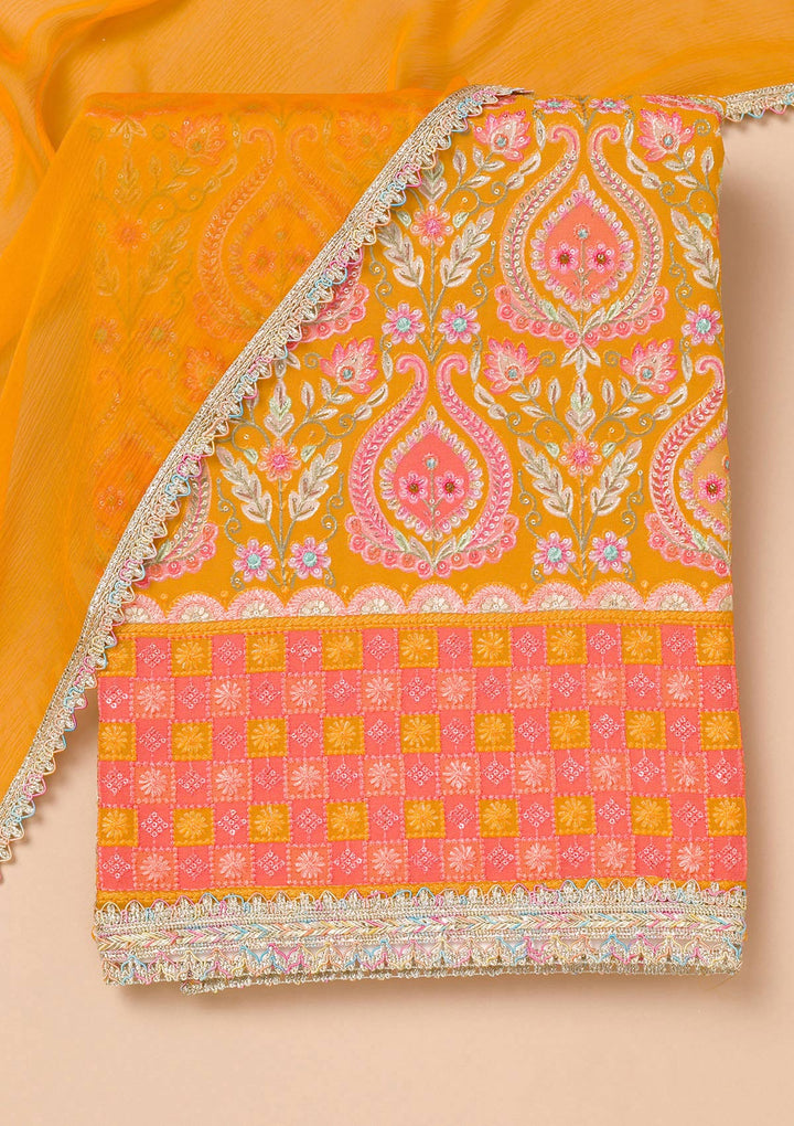 Mustard Threadwork Georgette Unstitched Salwar Suit-Koskii