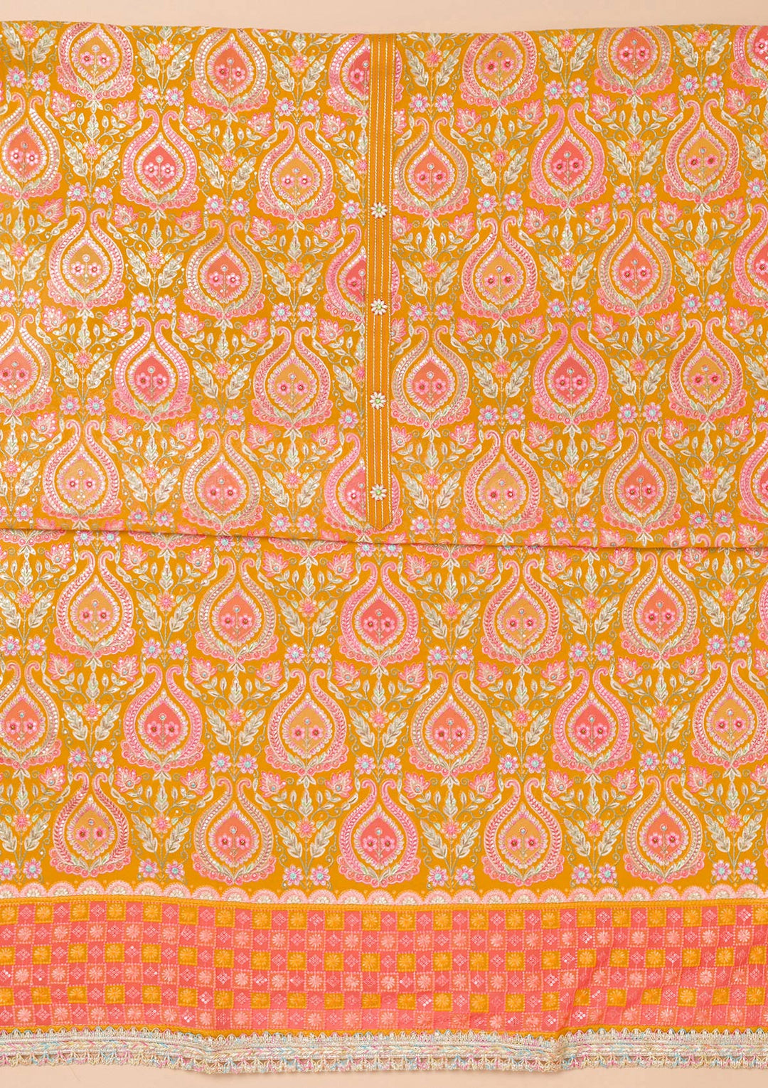 Mustard Threadwork Georgette Unstitched Salwar Suit-Koskii