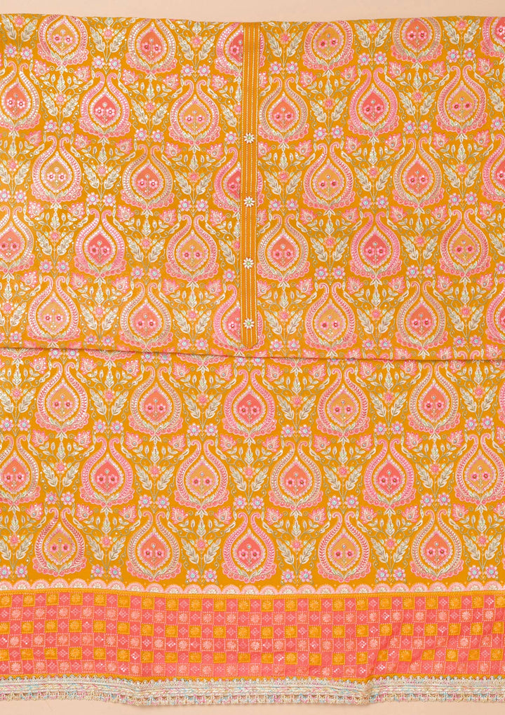 Mustard Threadwork Georgette Unstitched Salwar Suit-Koskii