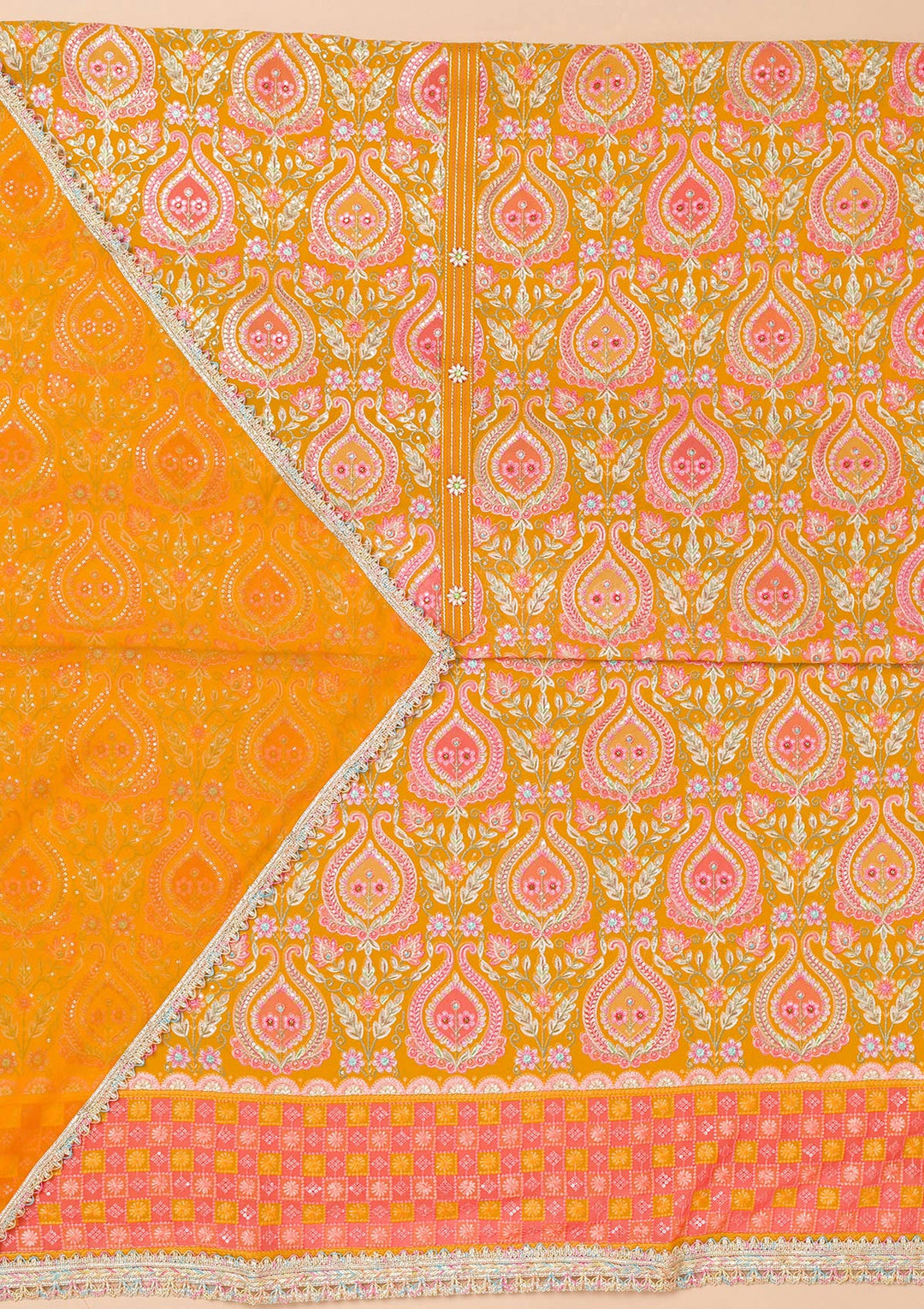 Mustard Threadwork Georgette Unstitched Salwar Suit-Koskii