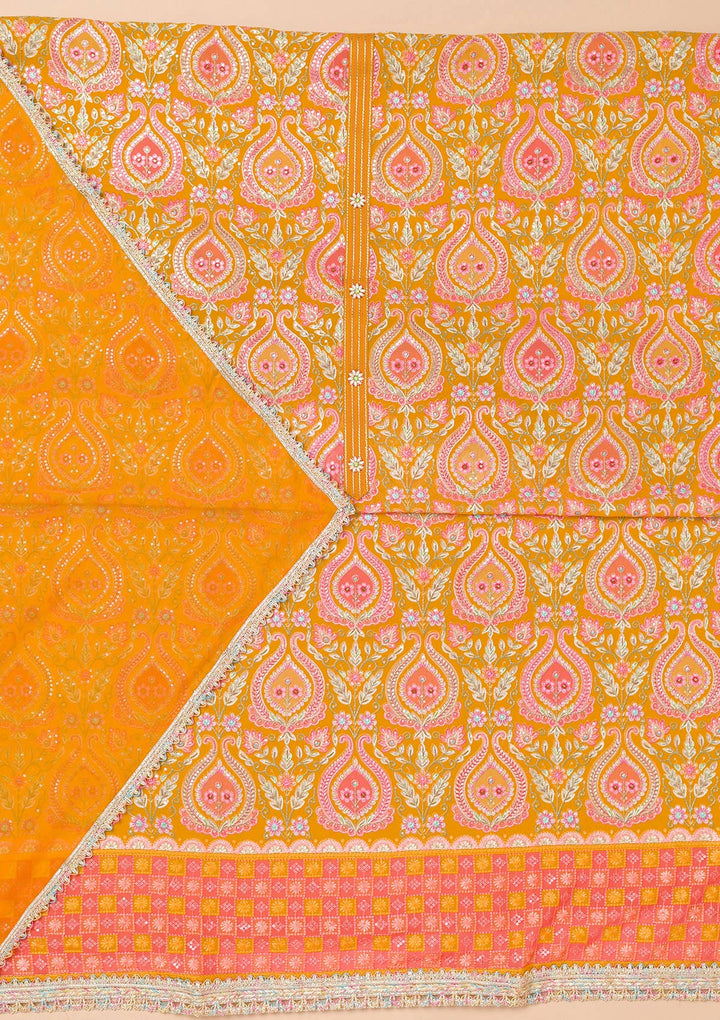 Mustard Threadwork Georgette Unstitched Salwar Suit-Koskii