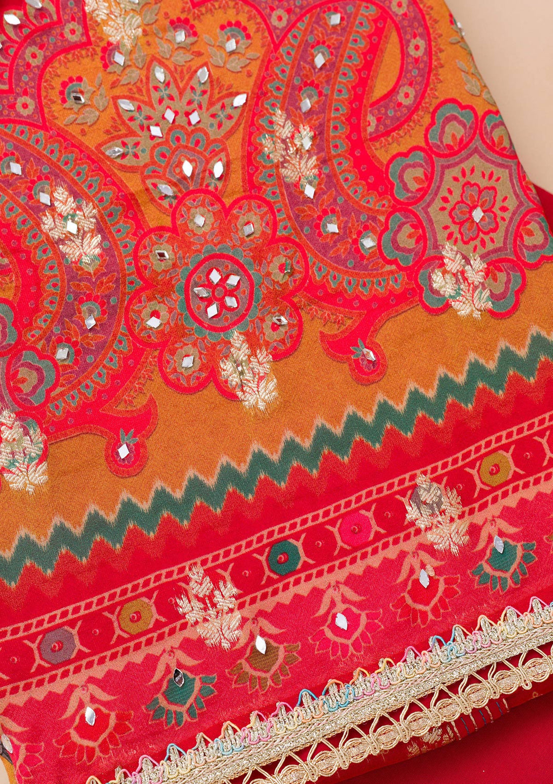 Mustard Threadwork Semi Crepe Unstitched Salwar Suit-Koskii