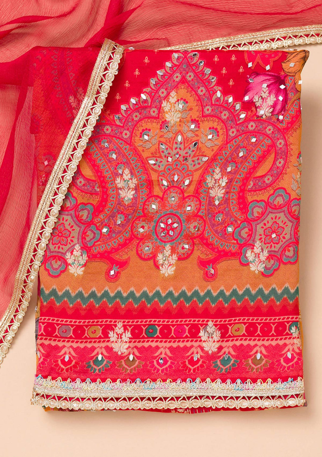 Mustard Threadwork Semi Crepe Unstitched Salwar Suit-Koskii