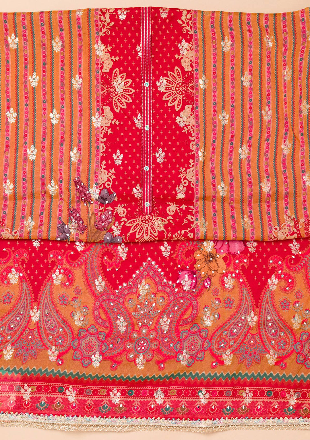 Mustard Threadwork Semi Crepe Unstitched Salwar Suit-Koskii