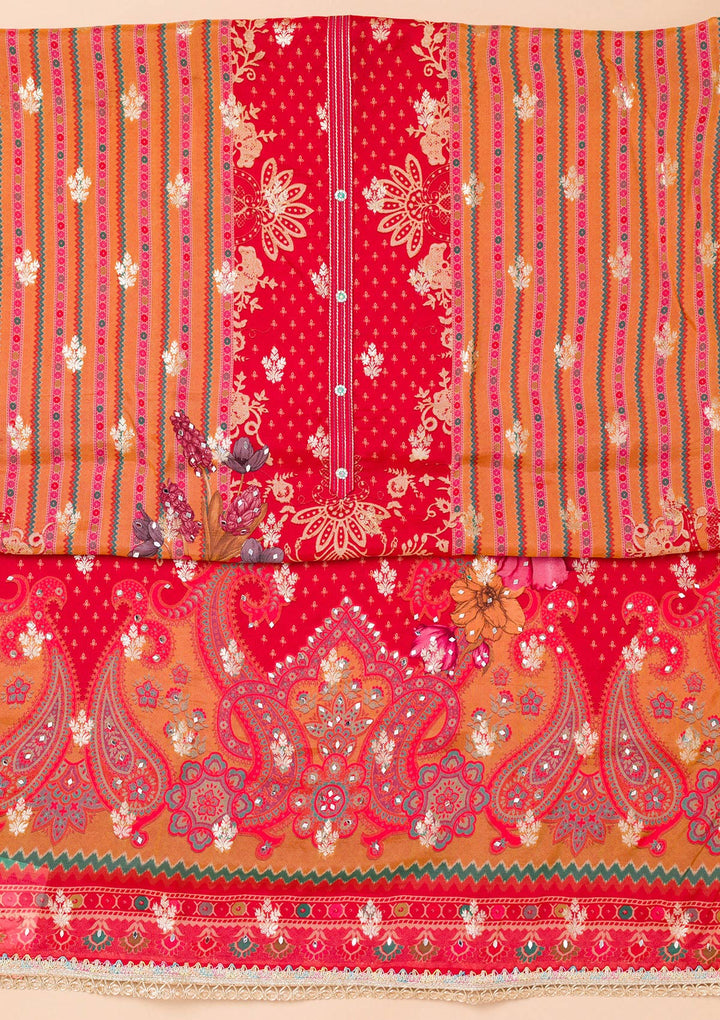 Mustard Threadwork Semi Crepe Unstitched Salwar Suit-Koskii