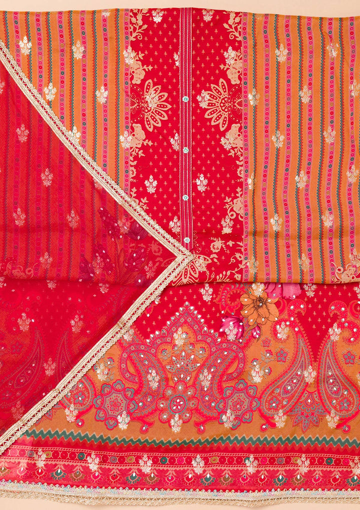 Mustard Threadwork Semi Crepe Unstitched Salwar Suit-Koskii