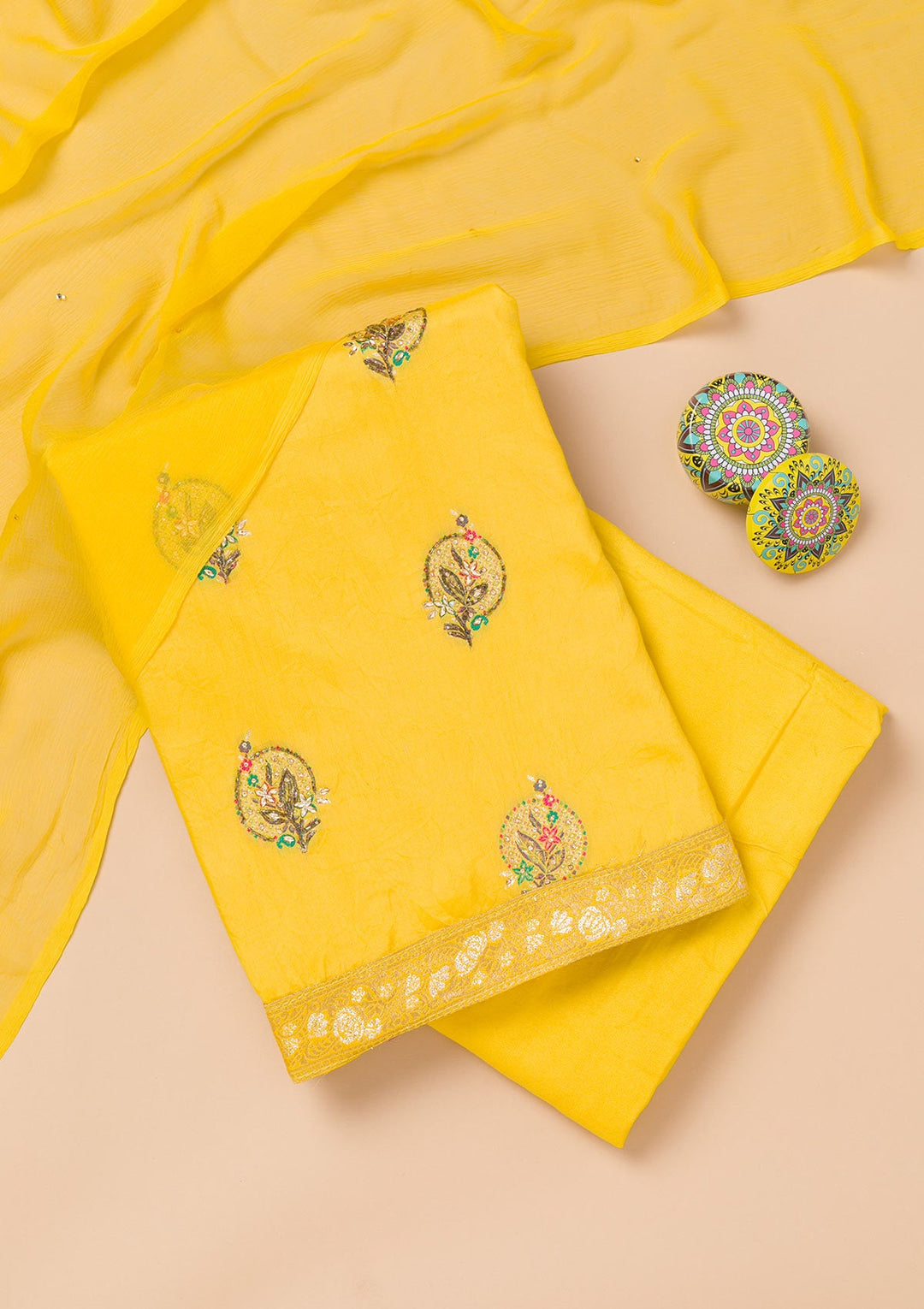 Yellow Threadwork Semi Crepe Unstitched Salwar Suit-Koskii