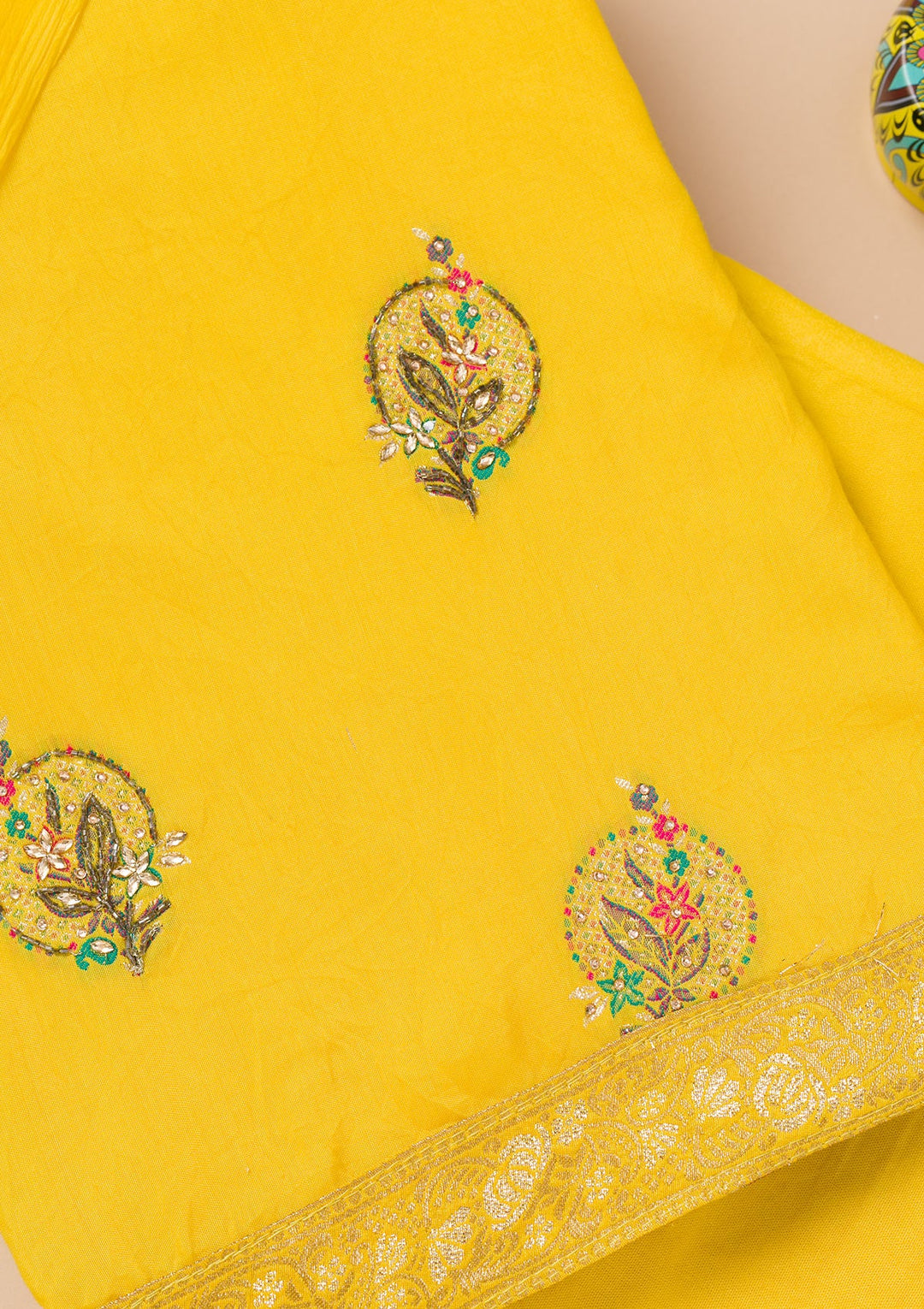 Yellow Threadwork Semi Crepe Unstitched Salwar Suit-Koskii